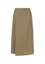 The HOLE & LINE skirt by HaaT is a khaki-colored, knee-length twill piece featuring a textured, grid-like pattern and subtle side detailing, displayed against a plain white background. - KHAKI （no.65）