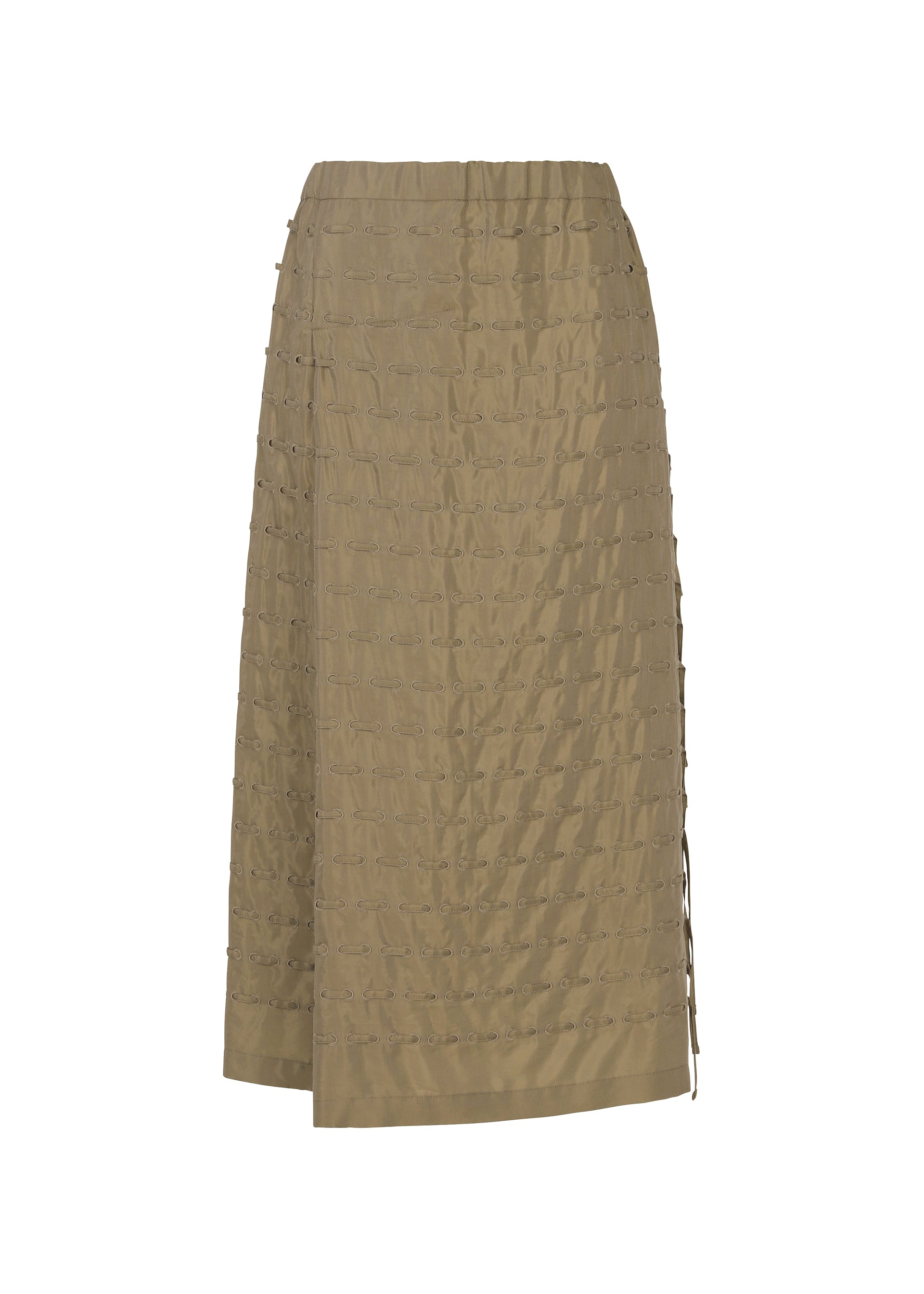 Zoomed view The HOLE & LINE skirt by HaaT is a khaki-colored, knee-length twill piece featuring a textured, grid-like pattern and subtle side detailing, displayed against a plain white background. - KHAKI （no.65）