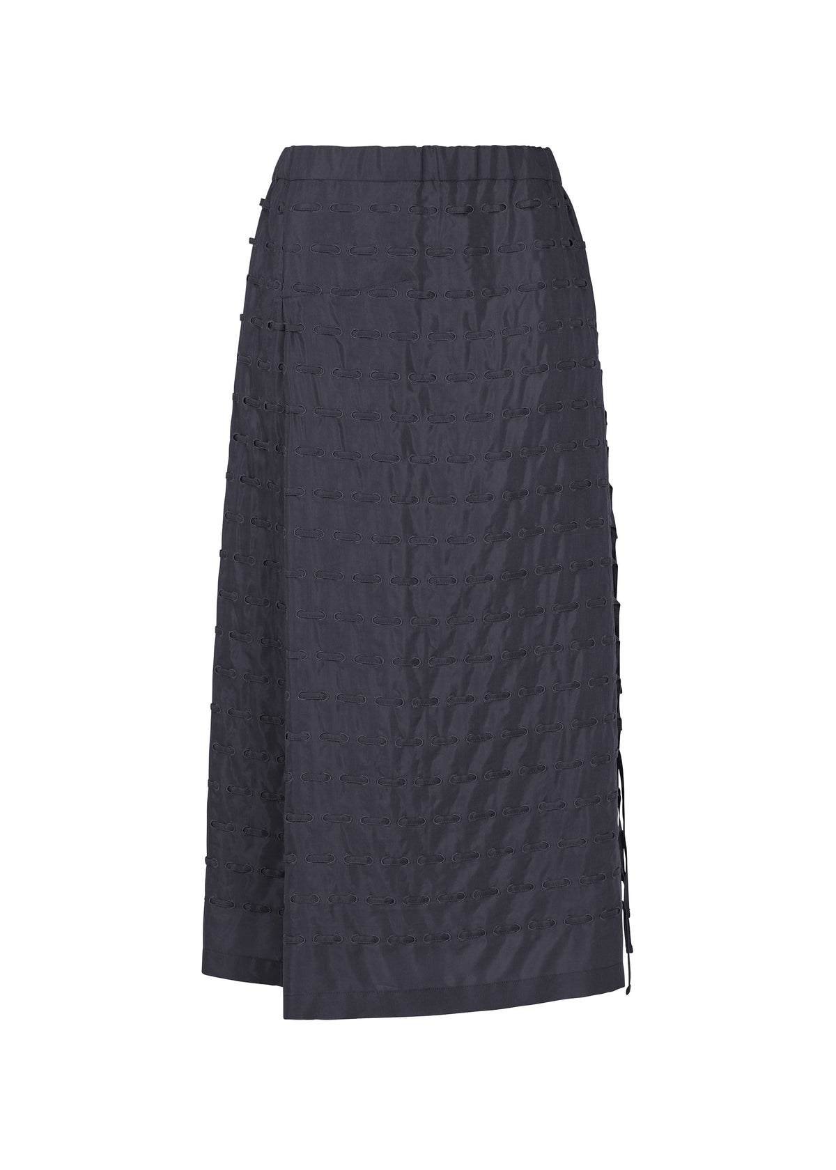 The HaaT HOLE & LINE skirt is a knee-length black twill piece featuring a textured, grid-like pattern, an asymmetrical wrap design, and subtle side tie detailing, shown against a plain white background. view 2 of 8