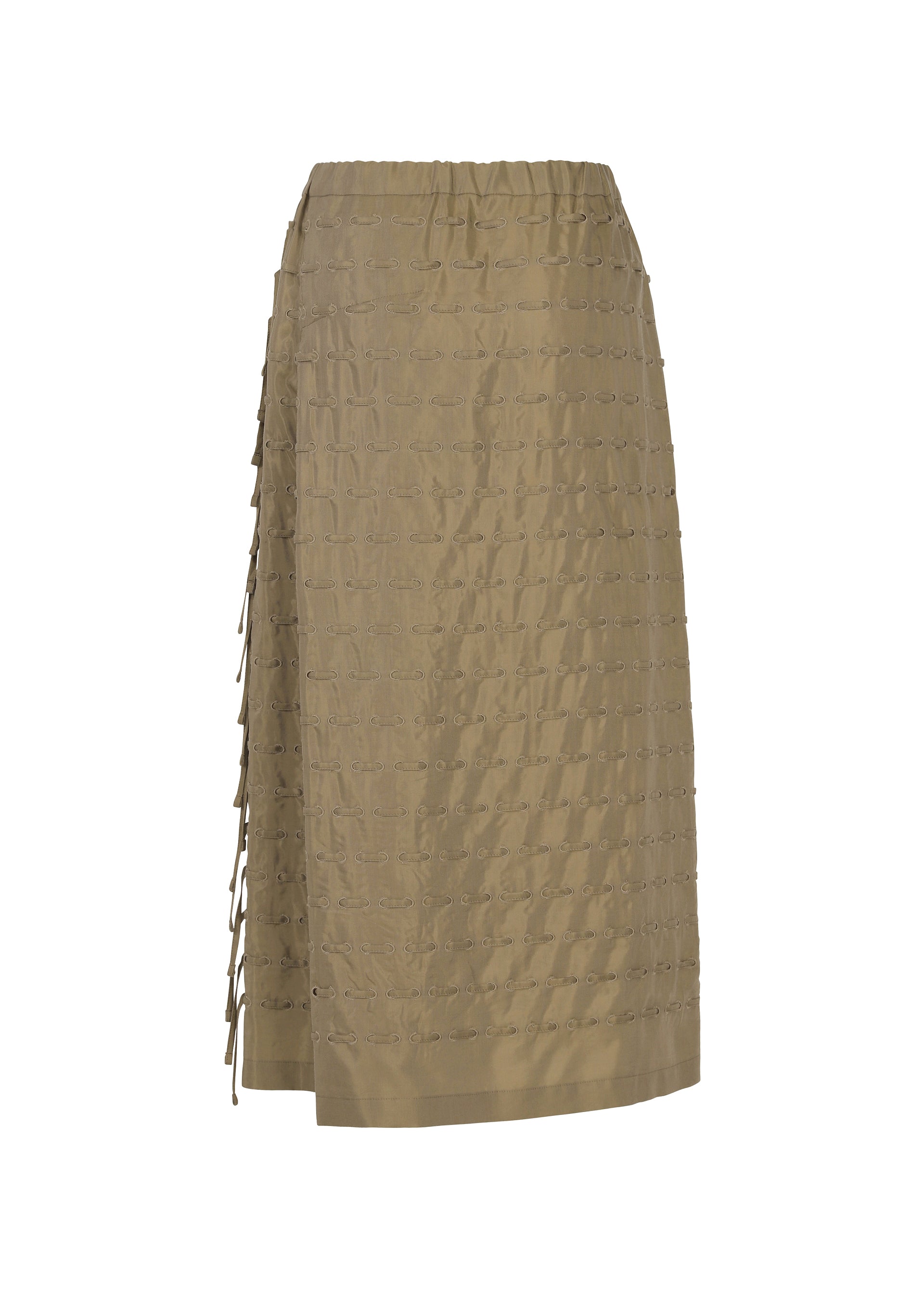 Zoomed view The HOLE & LINE skirt by HaaT is a knee-length, light brown twill piece featuring a textured grid-like pattern and a side tie detail. It has a simple, straight silhouette with an elastic waistband and is crafted from a soft cupra blend for comfortable all-day wear.