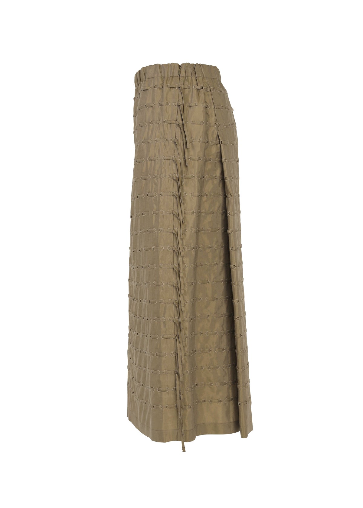 The HOLE & LINE skirt by HaaT is a long khaki twill design featuring a gathered waistband, side slit, and subtle grid pattern, showcased on a white background. view 4 of 8
