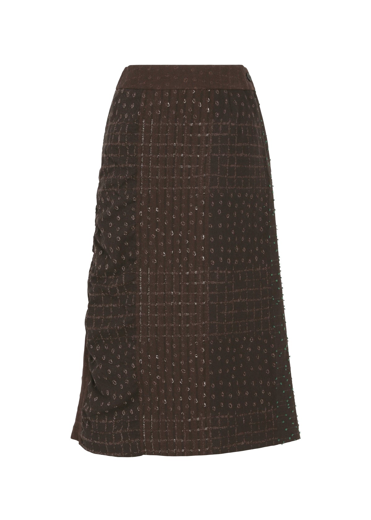 A knee-length brown jacquard skirt from HaaT’s COLLAGE STRETCH Ⅰ collection, showcasing a subtle grid pattern with small circular embellishments and gentle ruching on one side. view 1 of 8