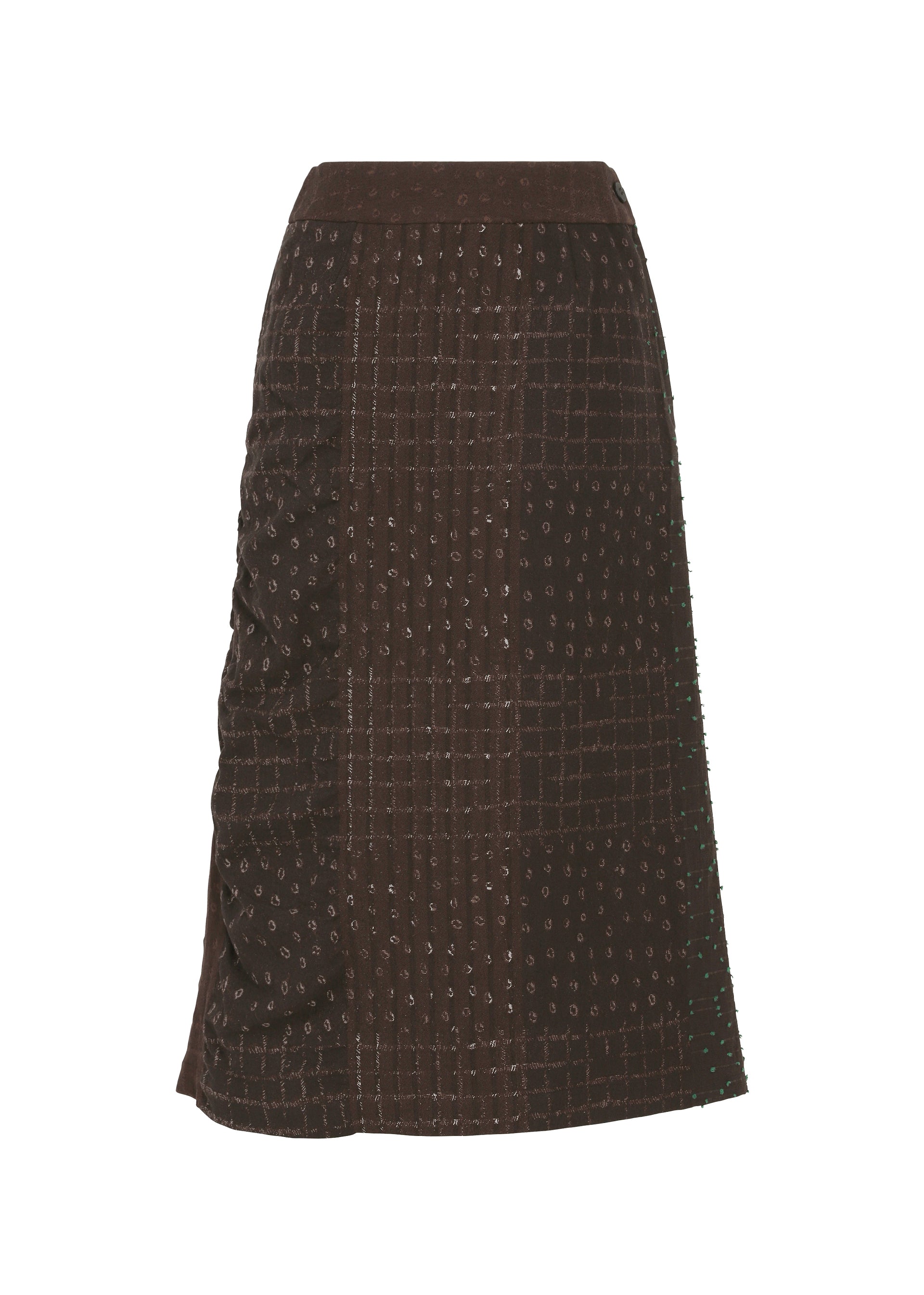 Zoomed view A knee-length brown jacquard skirt from HaaT’s COLLAGE STRETCH Ⅰ collection, showcasing a subtle grid pattern with small circular embellishments and gentle ruching on one side. - DARK BROWN （no.45）