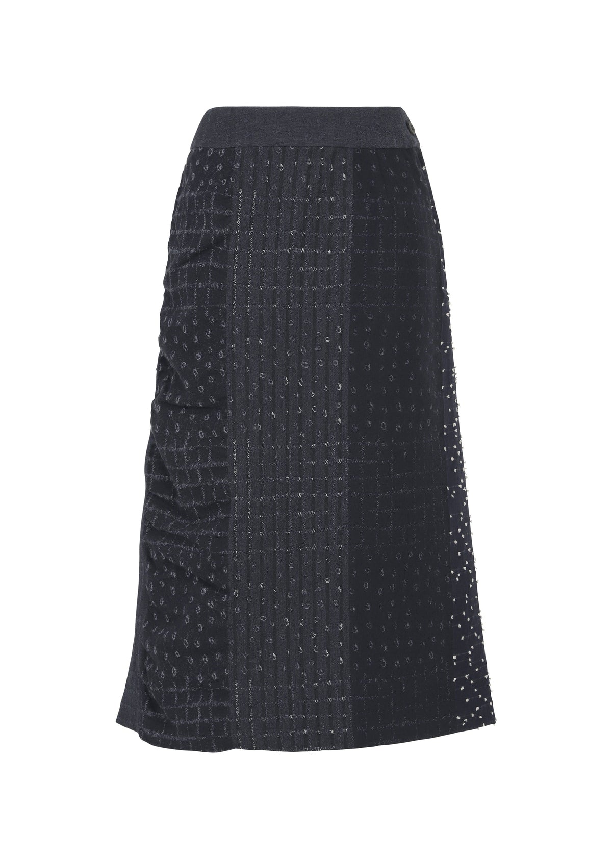 Introducing the COLLAGE STRETCH Ⅰ skirt by HaaT—a mid-length black jacquard skirt featuring a grid pattern with small circular cutouts for a textured, semi-sheer effect. This piece is designed with a fitted waistband and a straight silhouette. view 2 of 8