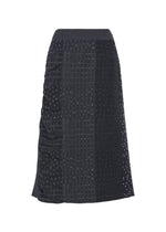 Introducing the COLLAGE STRETCH Ⅰ skirt by HaaT—a mid-length black jacquard skirt featuring a grid pattern with small circular cutouts for a textured, semi-sheer effect. This piece is designed with a fitted waistband and a straight silhouette. - NAVY （no.75）
