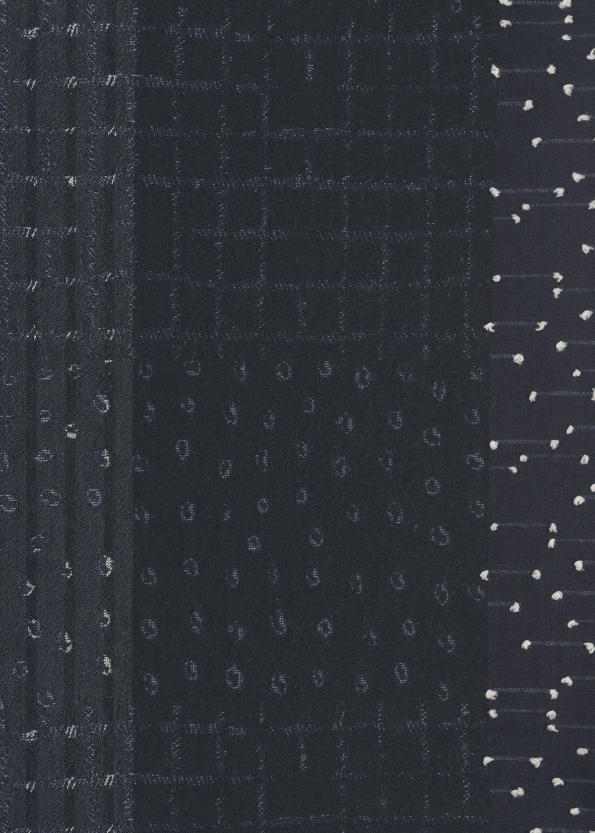 Dark stretch fabric from HaaT’s COLLAGE STRETCH Ⅰ collection, featuring vertical stripes and dotted patterns. The left side showcases closely spaced horizontal lines and dots, while the right side presents a combination of dots and short dashed lines forming a subtle geometric motif, evoking traditional nui-shibori techniques typically seen in jacquard skirts. view 5 of 8