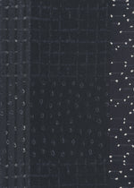 Dark stretch fabric from HaaT’s COLLAGE STRETCH Ⅰ collection, featuring vertical stripes and dotted patterns. The left side showcases closely spaced horizontal lines and dots, while the right side presents a combination of dots and short dashed lines forming a subtle geometric motif, evoking traditional nui-shibori techniques typically seen in jacquard skirts.