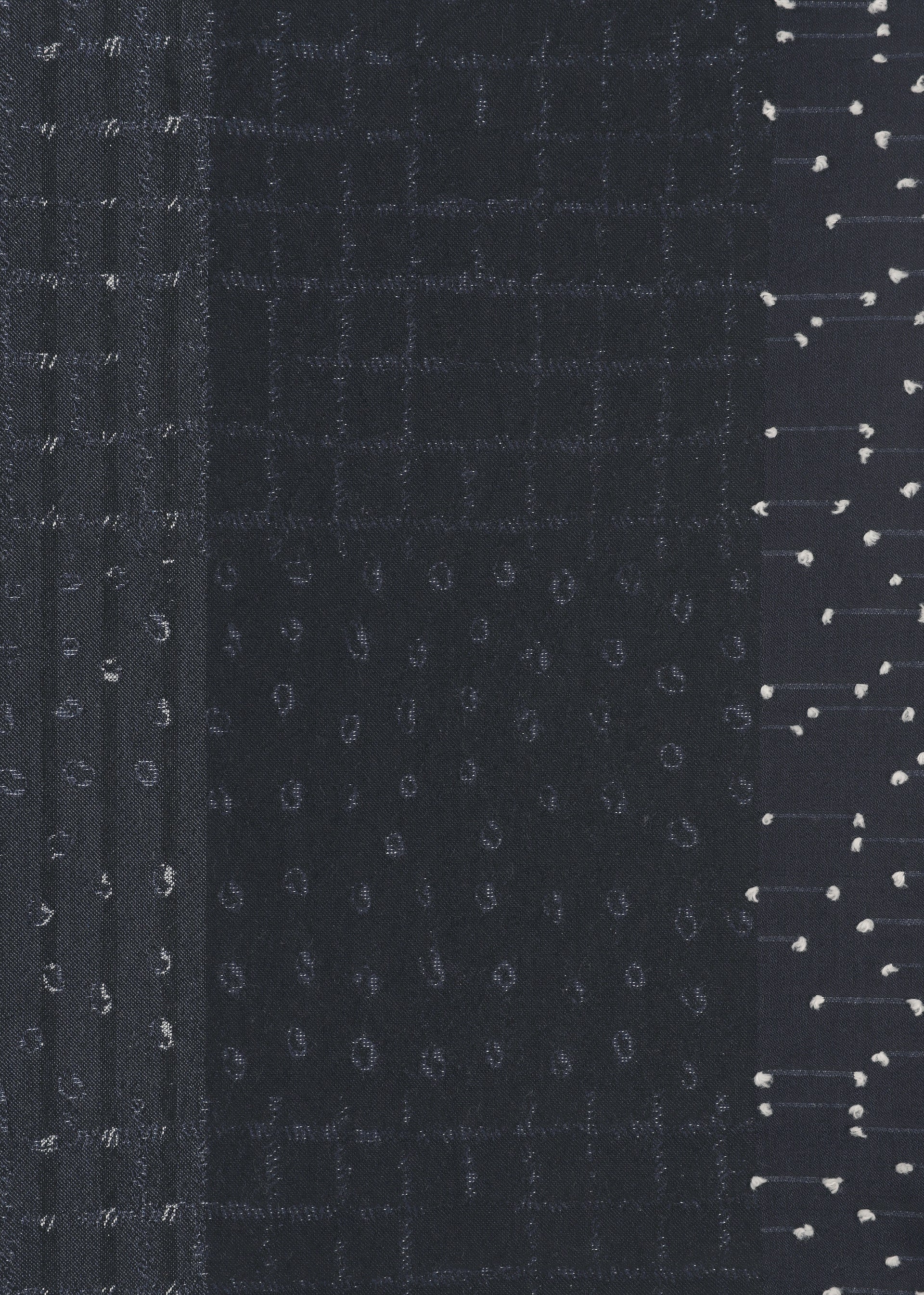Zoomed view Dark stretch fabric from HaaT’s COLLAGE STRETCH Ⅰ collection, featuring vertical stripes and dotted patterns. The left side showcases closely spaced horizontal lines and dots, while the right side presents a combination of dots and short dashed lines forming a subtle geometric motif, evoking traditional nui-shibori techniques typically seen in jacquard skirts.