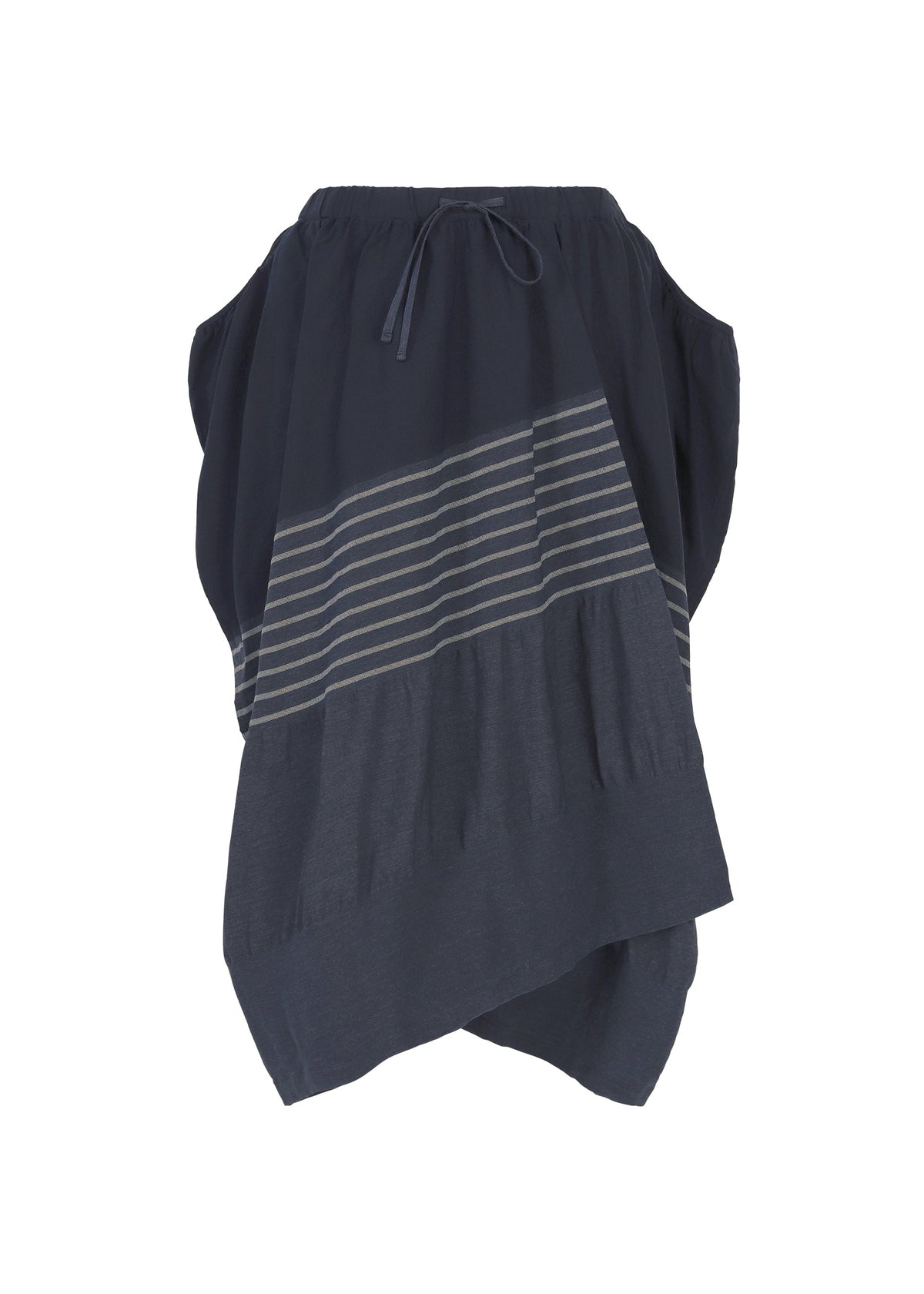 Introducing the COLLAGE STRETCH Ⅱ by HaaT: a navy blue sleeveless dress with a drawstring neckline, distinguished by horizontal gray stripes across the midsection and an asymmetrical hemline. The slim skirt lends subtle volume, creating a contemporary silhouette. view 2 of 8