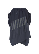 Introducing the COLLAGE STRETCH Ⅱ by HaaT: a navy blue sleeveless dress with a drawstring neckline, distinguished by horizontal gray stripes across the midsection and an asymmetrical hemline. The slim skirt lends subtle volume, creating a contemporary silhouette. - NAVY （no.75）