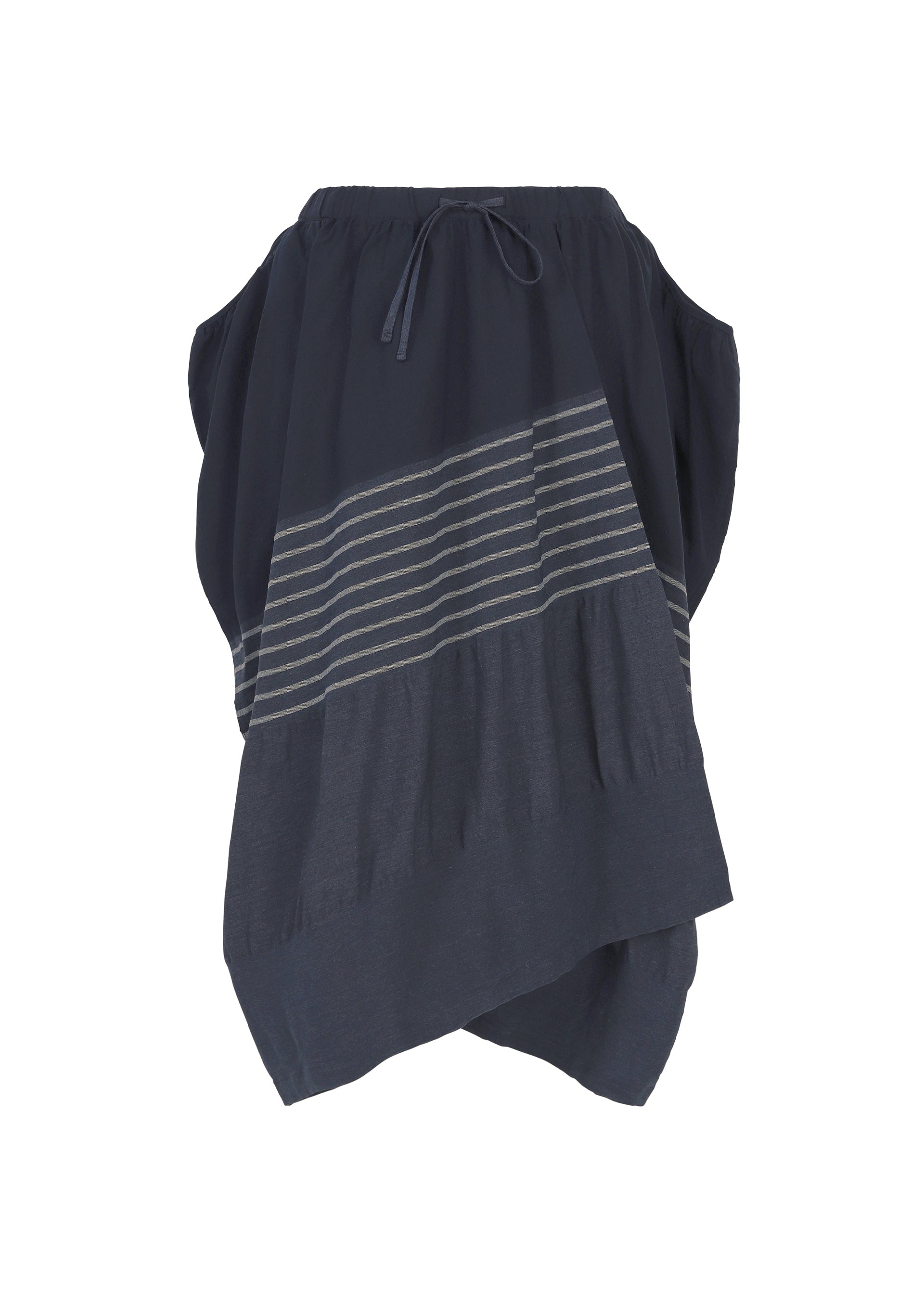 Zoomed view Introducing the COLLAGE STRETCH Ⅱ by HaaT: a navy blue sleeveless dress with a drawstring neckline, distinguished by horizontal gray stripes across the midsection and an asymmetrical hemline. The slim skirt lends subtle volume, creating a contemporary silhouette. - NAVY （no.75）