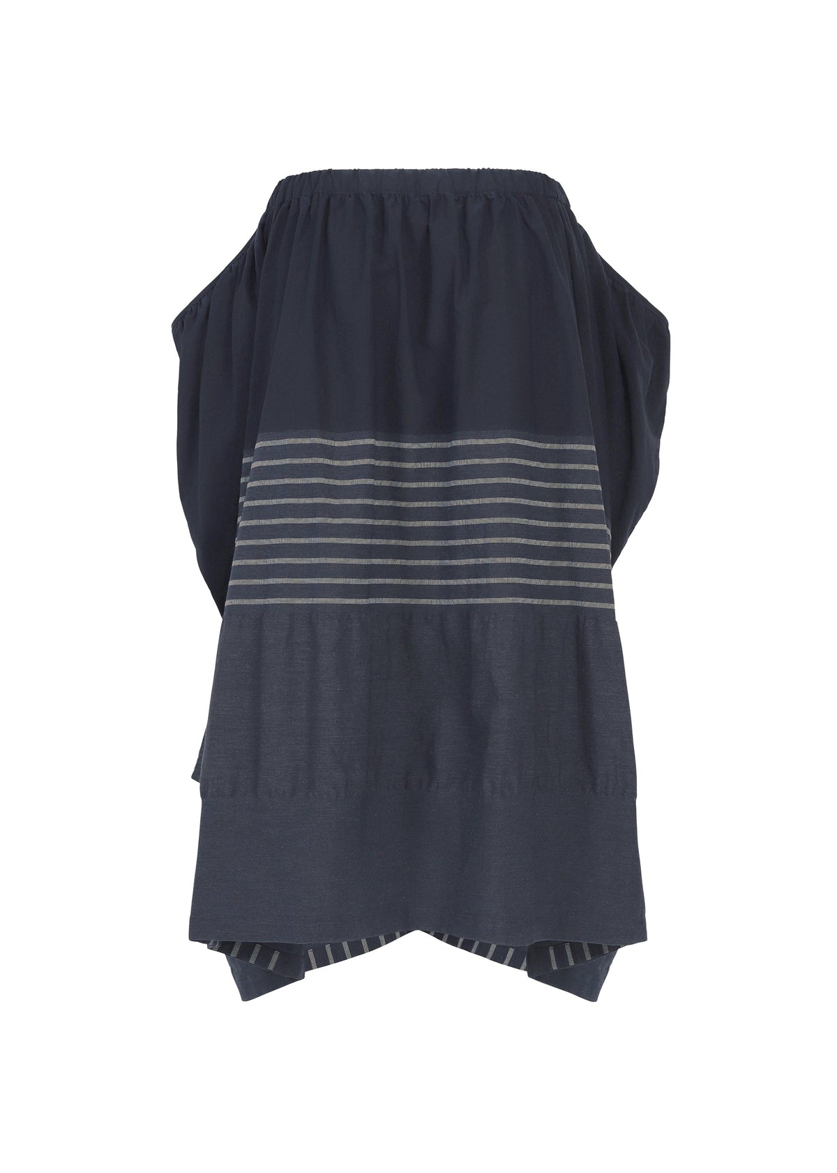 Introducing the COLLAGE STRETCH Ⅱ by HaaT: a navy blue, strapless top featuring bold horizontal light gray stripes across the center, with layered and draped fabric at the hem that creates a voluminous silhouette. view 3 of 8