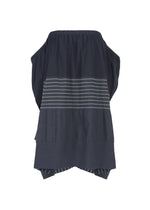 Introducing the COLLAGE STRETCH Ⅱ by HaaT: a navy blue, strapless top featuring bold horizontal light gray stripes across the center, with layered and draped fabric at the hem that creates a voluminous silhouette.
