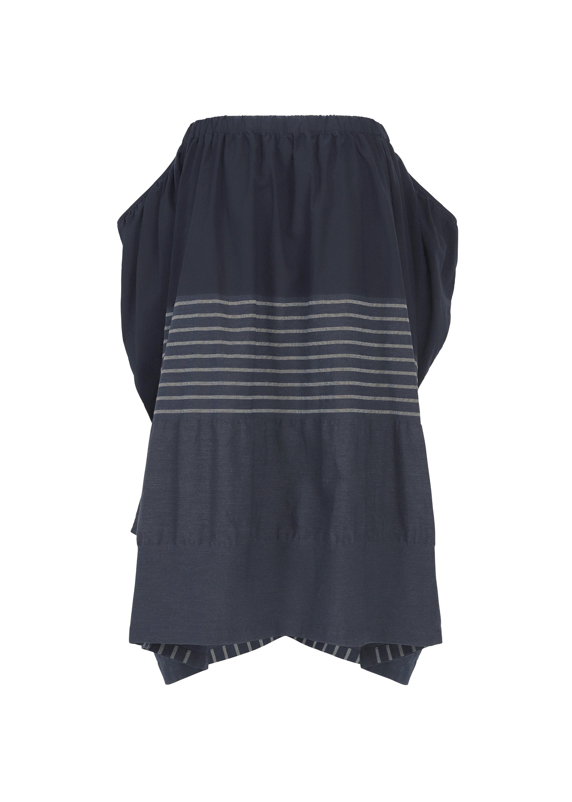 Zoomed view Introducing the COLLAGE STRETCH Ⅱ by HaaT: a navy blue, strapless top featuring bold horizontal light gray stripes across the center, with layered and draped fabric at the hem that creates a voluminous silhouette.