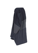 The HaaT COLLAGE STRETCH Ⅱ is a navy blue skirt with a voluminous silhouette, highlighted by an asymmetrical hem and gray horizontal stripes around the lower half, shown against a white background.