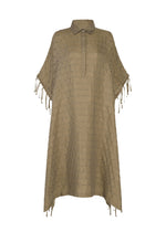 The HOLE & LINE dress by HaaT is a tan, poncho-style piece featuring a textured grid pattern, short sleeves, a collar, and a buttoned front placket. Accented with fringe detailing along the sleeves and hem, this loose-fitting dress is crafted from lightweight twill for effortless comfort. - KHAKI （no.65）