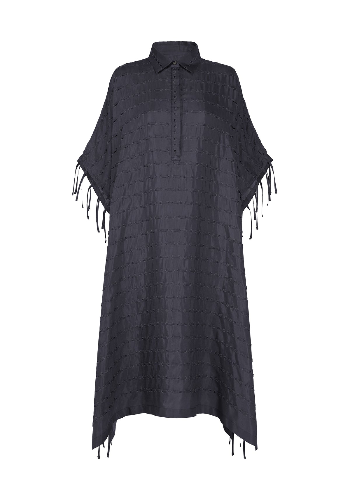 The HOLE & LINE dress by HaaT is a loose-fitting, short-sleeve black tunic crafted from soft twill fabric with a collared neckline, subtle checkered texture, and fringe details along the sleeves and hem. It features a half placket with buttons down the front. view 2 of 8