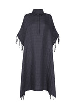 The HOLE & LINE dress by HaaT is a loose-fitting, short-sleeve black tunic crafted from soft twill fabric with a collared neckline, subtle checkered texture, and fringe details along the sleeves and hem. It features a half placket with buttons down the front. - NAVY （no.75）