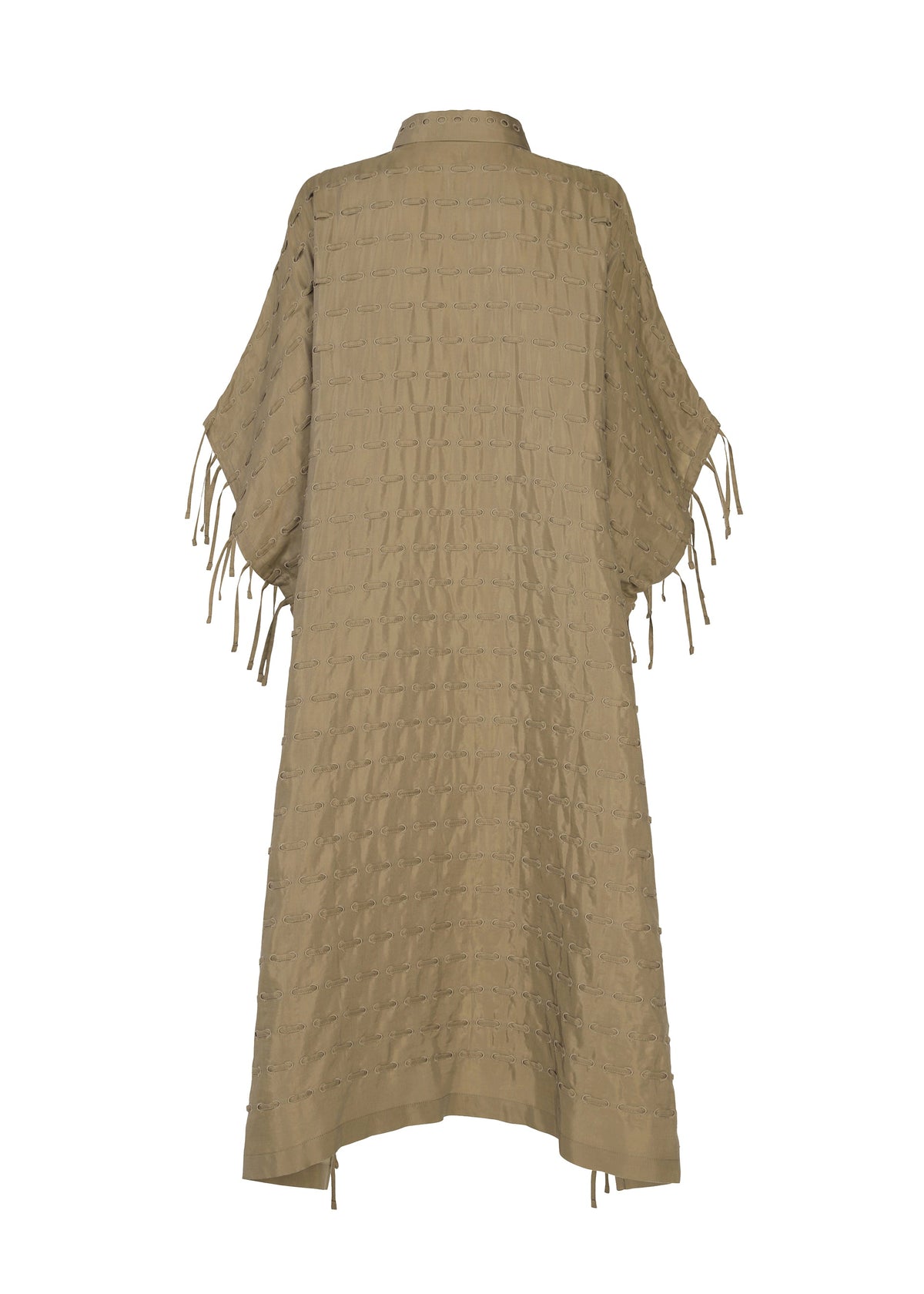 HOLE & LINE by HaaT is a beige textured kimono-style garment crafted from soft twill fabric. Featuring short, wide sleeves with fringe tassels and a loose fit, this piece offers a sophisticated look. The back view is displayed. view 3 of 8