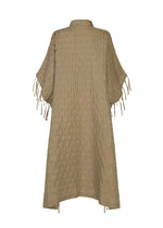 HOLE & LINE by HaaT is a beige textured kimono-style garment crafted from soft twill fabric. Featuring short, wide sleeves with fringe tassels and a loose fit, this piece offers a sophisticated look. The back view is displayed.