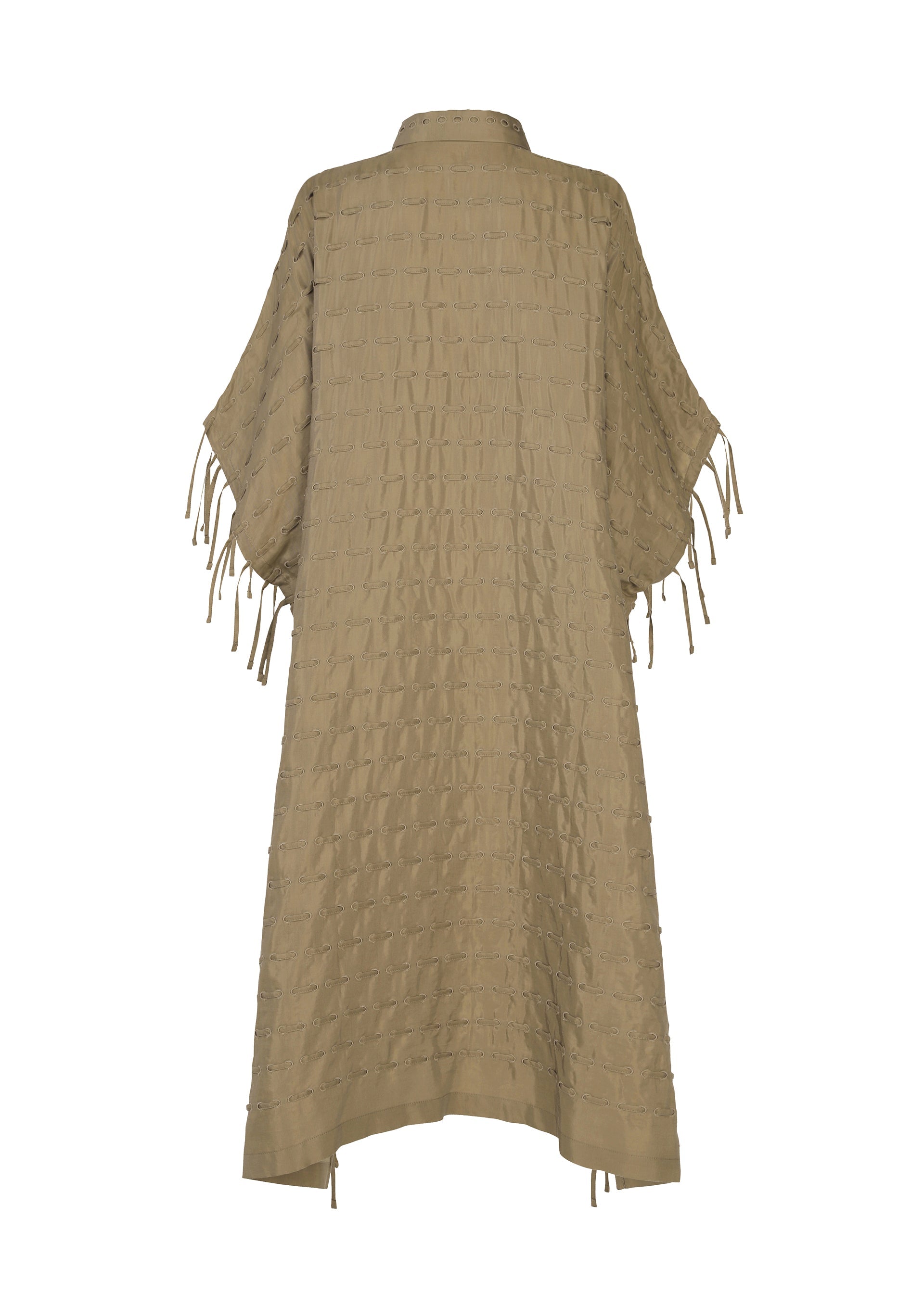 Zoomed view HOLE & LINE by HaaT is a beige textured kimono-style garment crafted from soft twill fabric. Featuring short, wide sleeves with fringe tassels and a loose fit, this piece offers a sophisticated look. The back view is displayed.