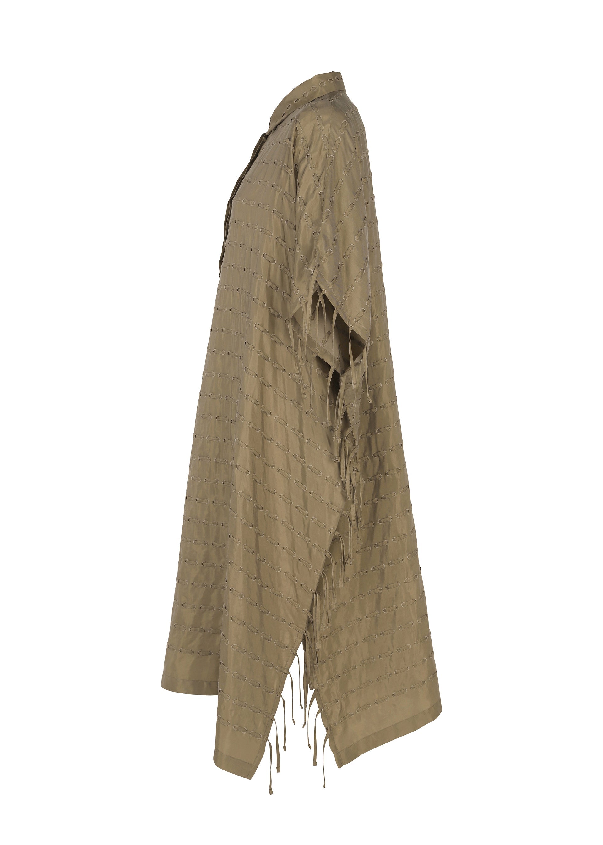 Zoomed view Side view of HaaT’s HOLE & LINE, a light brown, poncho-style dress featuring a textured grid pattern. The garment is crafted from soft twill fabric and showcases a collar, button closure, and fringed open sides adorned with hanging tassels.