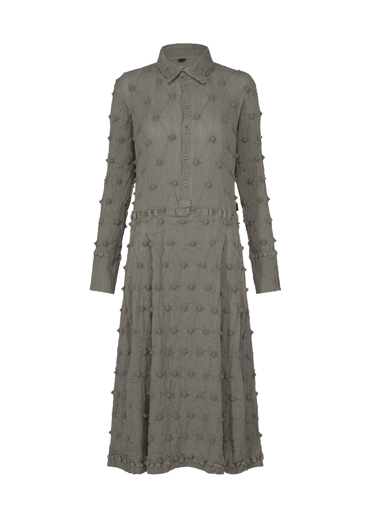 Long-sleeved, knee-length gray HaaT KYO CHIJIMI SQUARE EMB dress with a collared neckline and front buttons, featuring a crinkled texture with embroidered square motifs and a matching waistband. view 1 of 8