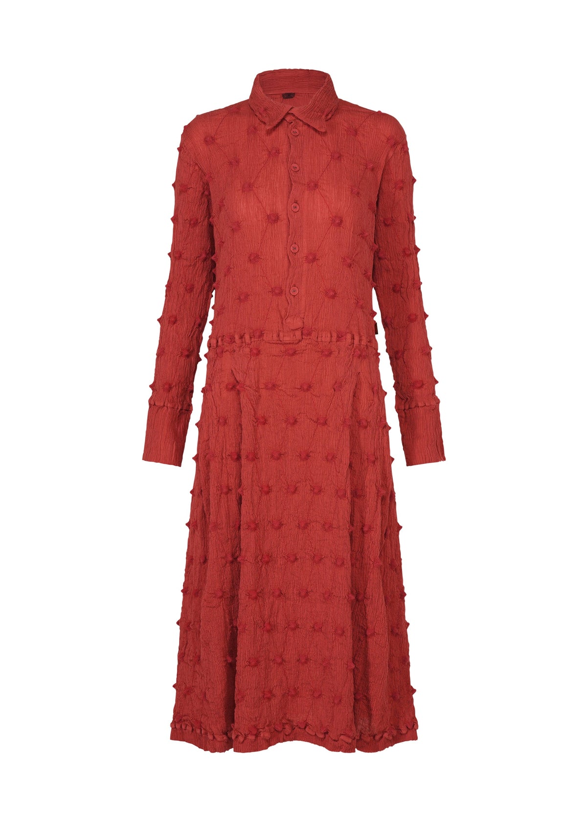 Long-sleeve, button-up midi KYO CHIJIMI SQUARE EMB dress by HaaT, crafted in textured red fabric with raised dot details, featuring a shirt collar, fitted waist, and a subtle crinkled finish for added visual interest. view 2 of 8