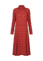 Long-sleeve, button-up midi KYO CHIJIMI SQUARE EMB dress by HaaT, crafted in textured red fabric with raised dot details, featuring a shirt collar, fitted waist, and a subtle crinkled finish for added visual interest. - RED （no.24）