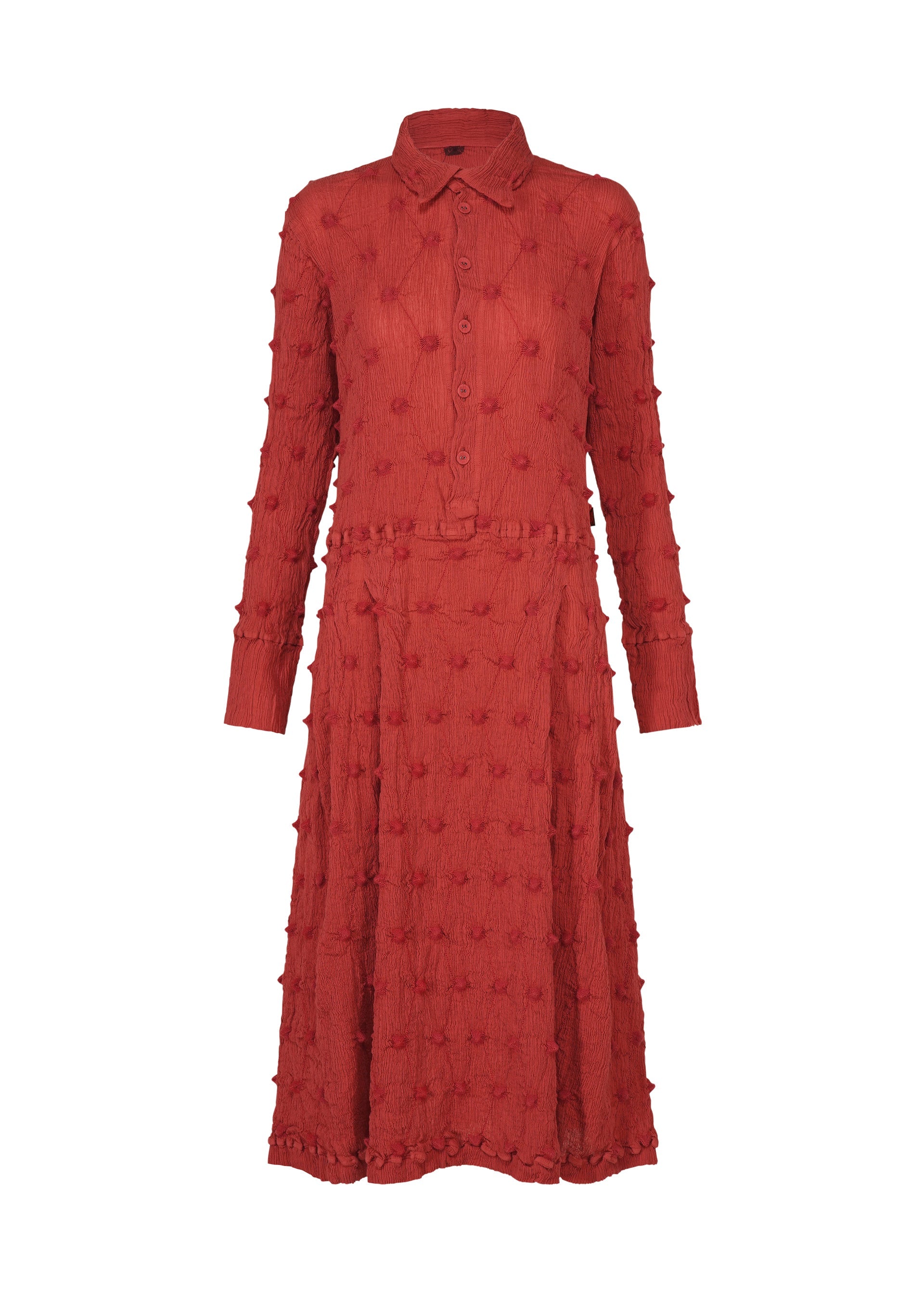 Zoomed view Long-sleeve, button-up midi KYO CHIJIMI SQUARE EMB dress by HaaT, crafted in textured red fabric with raised dot details, featuring a shirt collar, fitted waist, and a subtle crinkled finish for added visual interest. - RED （no.24）
