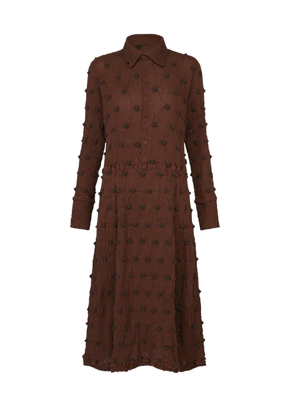 The HaaT KYO CHIJIMI SQUARE EMB dress is a brown, long-sleeve, collared, button-down midi dress with a fitted waist and a textured polka dot pattern. It features a subtle crinkled texture inspired by the signature KYO CHIJIMI style and is displayed on a plain white background. view 3 of 8
