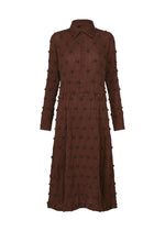 The HaaT KYO CHIJIMI SQUARE EMB dress is a brown, long-sleeve, collared, button-down midi dress with a fitted waist and a textured polka dot pattern. It features a subtle crinkled texture inspired by the signature KYO CHIJIMI style and is displayed on a plain white background. - BORDEAUX （no.84）