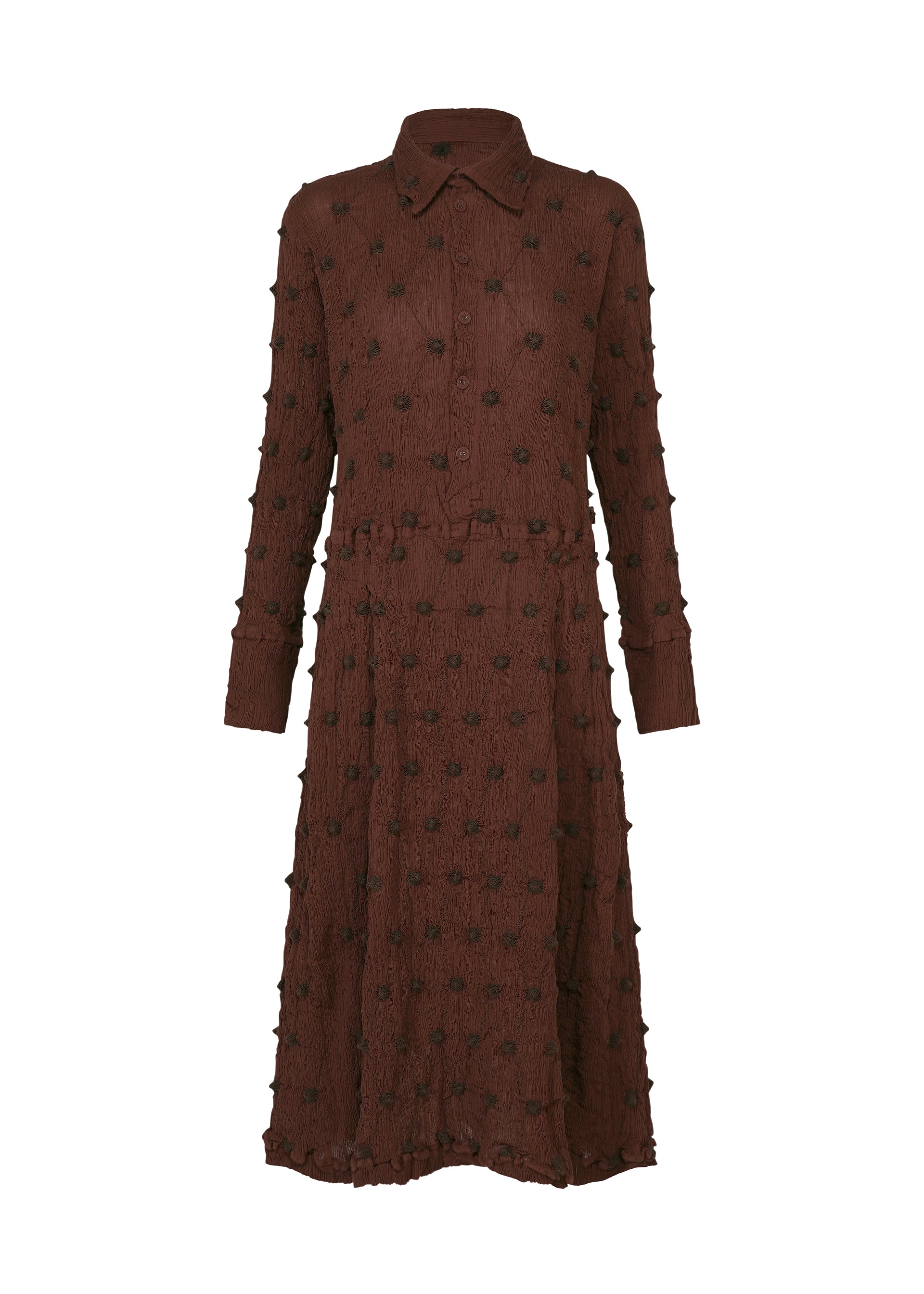 Zoomed view The HaaT KYO CHIJIMI SQUARE EMB dress is a brown, long-sleeve, collared, button-down midi dress with a fitted waist and a textured polka dot pattern. It features a subtle crinkled texture inspired by the signature KYO CHIJIMI style and is displayed on a plain white background. - BORDEAUX （no.84）