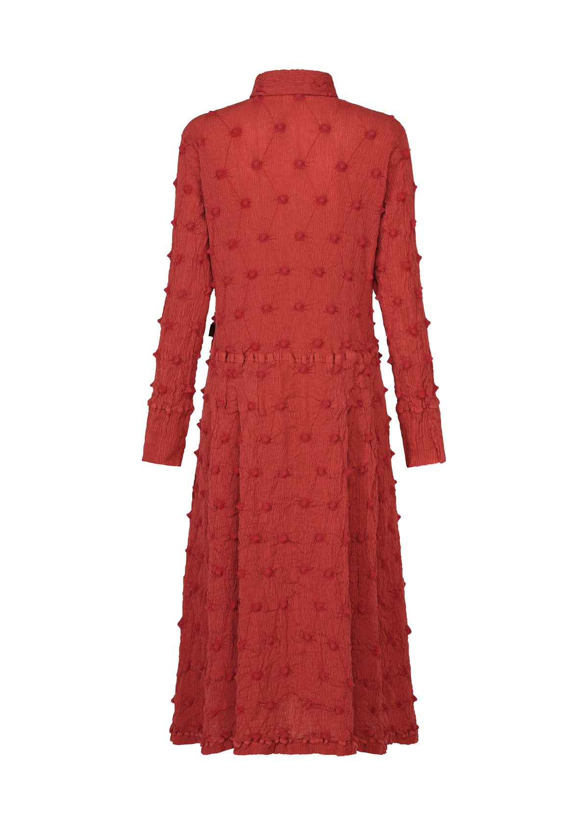 A long-sleeved, textured red KYO CHIJIMI SQUARE EMB midi dress by HaaT, featuring a collared neckline and dot-like raised patterns with a subtle crinkled texture, shown from the back. view 4 of 8