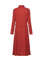 A long-sleeved, textured red KYO CHIJIMI SQUARE EMB midi dress by HaaT, featuring a collared neckline and dot-like raised patterns with a subtle crinkled texture, shown from the back.