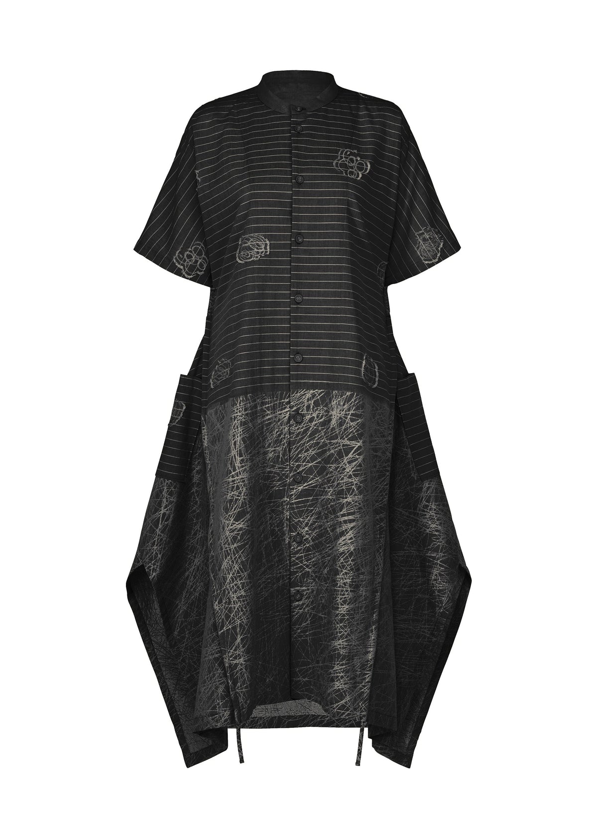 The ONE STROKE DRAW dress by HaaT is a black short-sleeved jacquard piece featuring a high collar, button-down front, subtle stripes, abstract white accents, and an angular asymmetrical hem with side panels. view 1 of 9