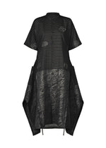 The ONE STROKE DRAW dress by HaaT is a black short-sleeved jacquard piece featuring a high collar, button-down front, subtle stripes, abstract white accents, and an angular asymmetrical hem with side panels. - BLACK （no.15）