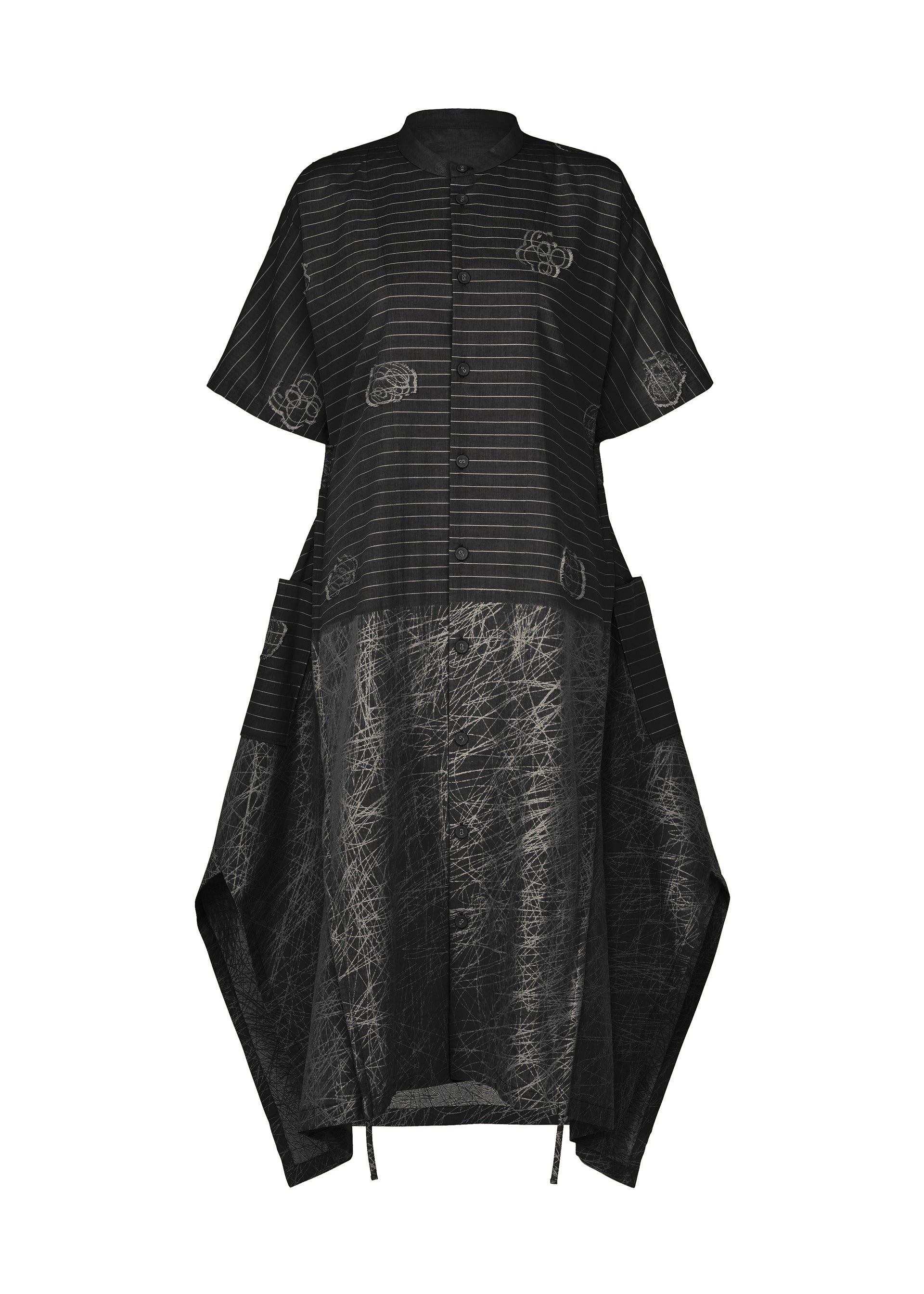 Zoomed view The ONE STROKE DRAW dress by HaaT is a black short-sleeved jacquard piece featuring a high collar, button-down front, subtle stripes, abstract white accents, and an angular asymmetrical hem with side panels. - BLACK （no.15）