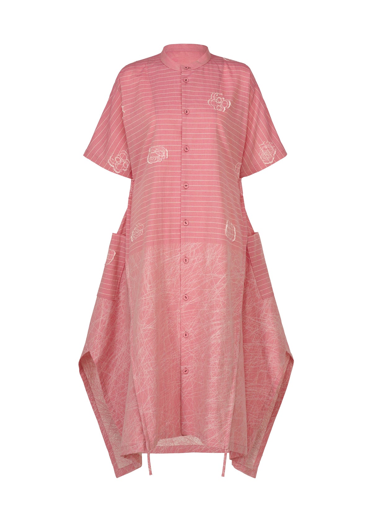 The ONE STROKE DRAW dress by HaaT is a pink jacquard design with short sleeves, button-down front, standing collar, and geometric side panels, featuring subtle white floral and abstract patterns for a stylish look. view 2 of 9