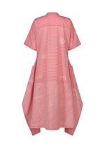 The HaaT ONE STROKE DRAW dress is pink cotton cupra jacquard with short sleeves, a high neckline, subtle white stripes and abstract patterns, and a textured geometric-fold skirt—all shown against a plain white background.