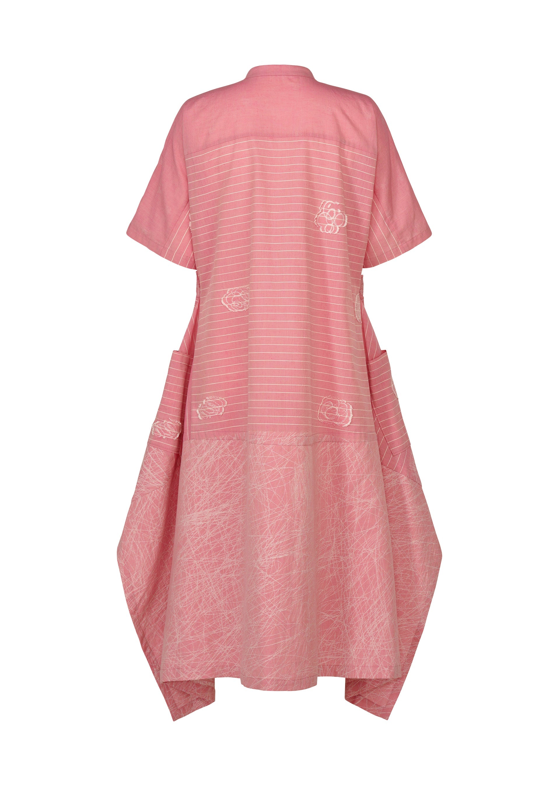 Zoomed view The HaaT ONE STROKE DRAW dress is pink cotton cupra jacquard with short sleeves, a high neckline, subtle white stripes and abstract patterns, and a textured geometric-fold skirt—all shown against a plain white background.