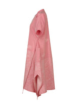 The HaaT ONE STROKE DRAW is a pink jacquard short-sleeved dress with white floral and stripe patterns and a handkerchief hem, shown in side view against a plain white background.