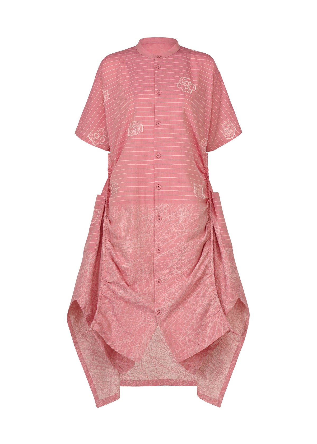 The ONE STROKE DRAW by HaaT is a pink, short-sleeved jacquard dress featuring a button-down front, subtle floral patterns, an asymmetrical draped hem, and a blend of horizontal stripes with abstract designs. view 5 of 9