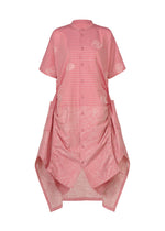 The ONE STROKE DRAW by HaaT is a pink, short-sleeved jacquard dress featuring a button-down front, subtle floral patterns, an asymmetrical draped hem, and a blend of horizontal stripes with abstract designs.
