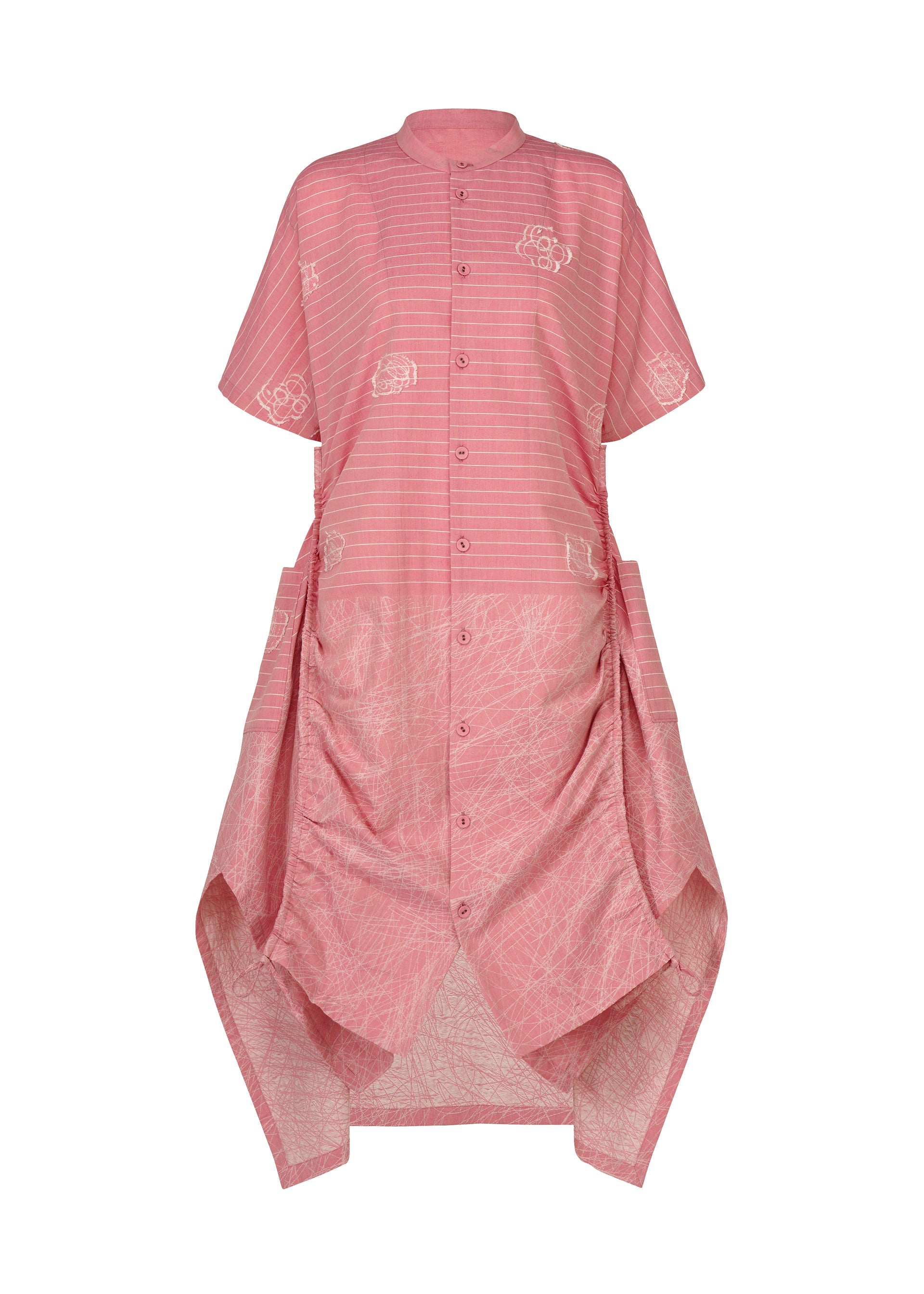 Zoomed view The ONE STROKE DRAW by HaaT is a pink, short-sleeved jacquard dress featuring a button-down front, subtle floral patterns, an asymmetrical draped hem, and a blend of horizontal stripes with abstract designs.