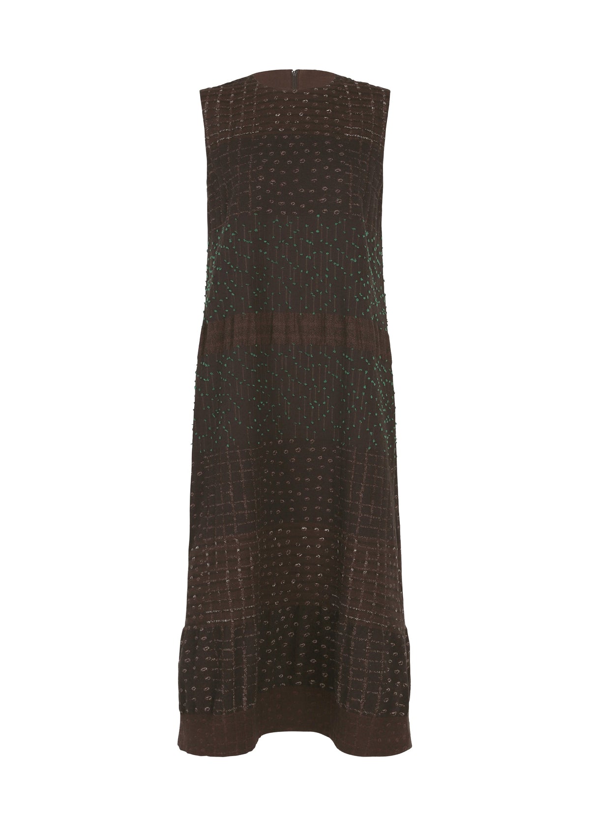 The COLLAGE STRETCH Ⅰ by HaaT is a sleeveless brown dress with a straight silhouette, crafted using jacquard weaving to create a subtle check pattern and adorned with small, scattered stitched dots in lighter shades. Its minimal design falls just below the knee. view 1 of 8