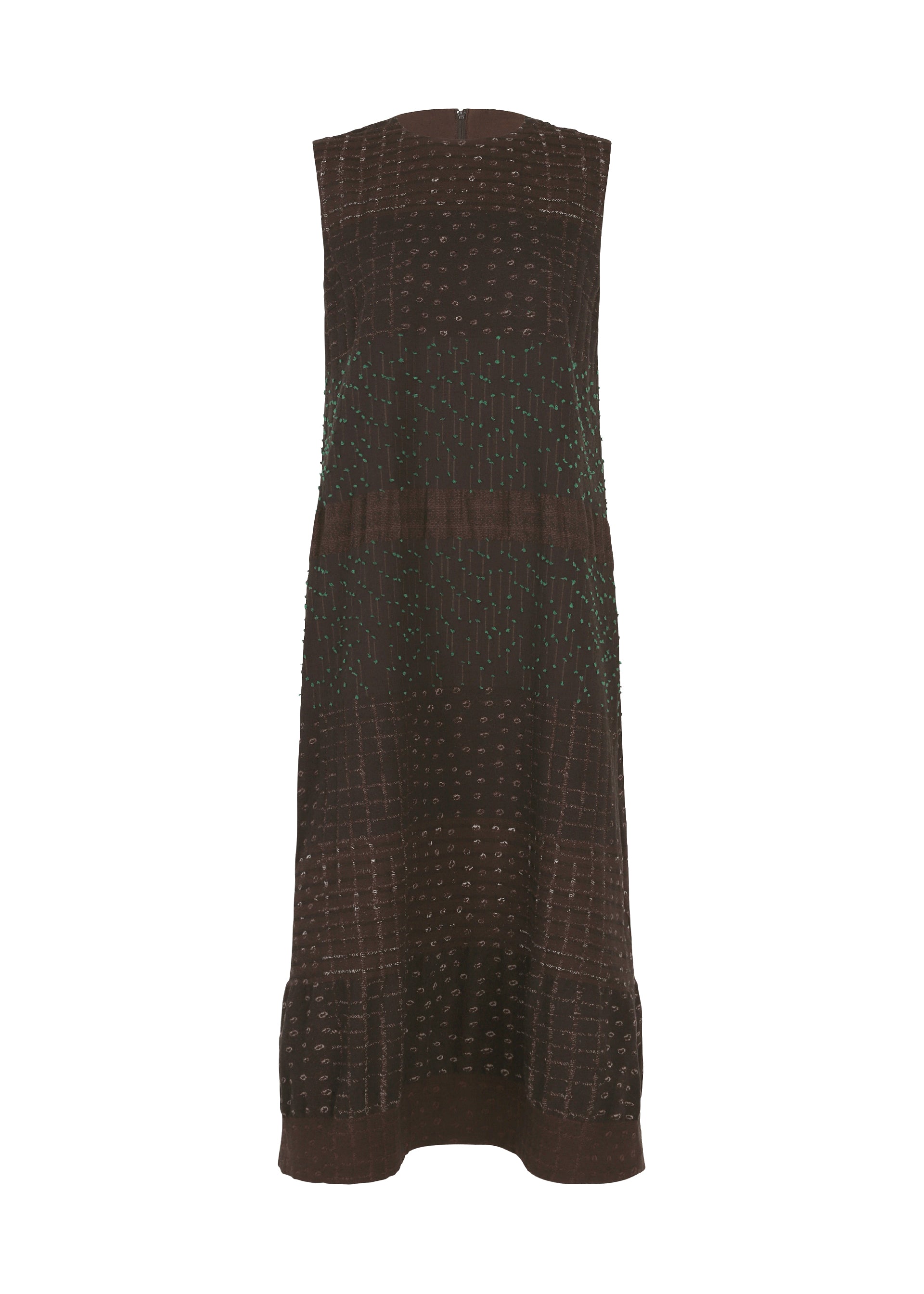 Zoomed view The COLLAGE STRETCH Ⅰ by HaaT is a sleeveless brown dress with a straight silhouette, crafted using jacquard weaving to create a subtle check pattern and adorned with small, scattered stitched dots in lighter shades. Its minimal design falls just below the knee. - DARK BROWN （no.45）