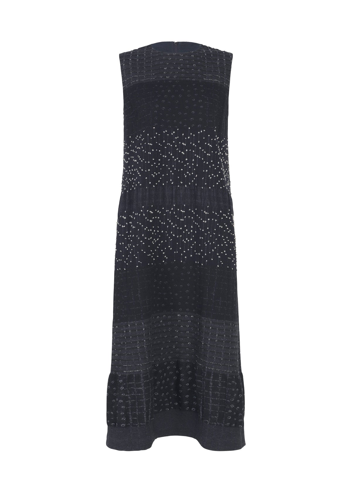 Sleeveless black “COLLAGE STRETCH Ⅰ” dress by HaaT with a straight silhouette, showcasing a jacquard-woven check pattern and dotted details in lighter shades throughout the fabric, viewed from the back. view 2 of 8