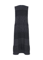 Sleeveless black “COLLAGE STRETCH Ⅰ” dress by HaaT with a straight silhouette, showcasing a jacquard-woven check pattern and dotted details in lighter shades throughout the fabric, viewed from the back. - NAVY （no.75）