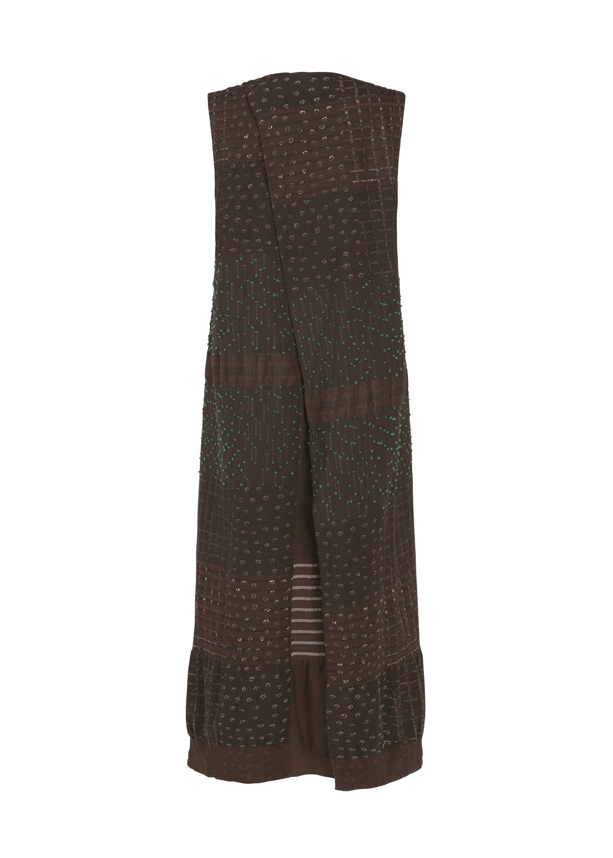The COLLAGE STRETCH Ⅰ by HaaT is a sleeveless, dark brown vest with a wraparound design and intricate green and tan jacquard-inspired stitched patterns, displayed against a white background. view 3 of 8
